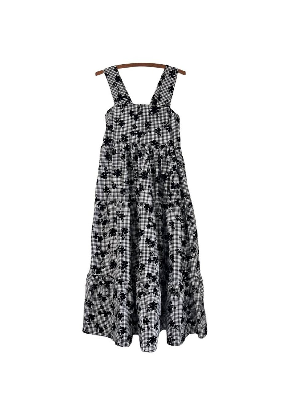 Dream Sister Jane Black White Gingham Flocked Florals Maxi Tiered Dress Size XS